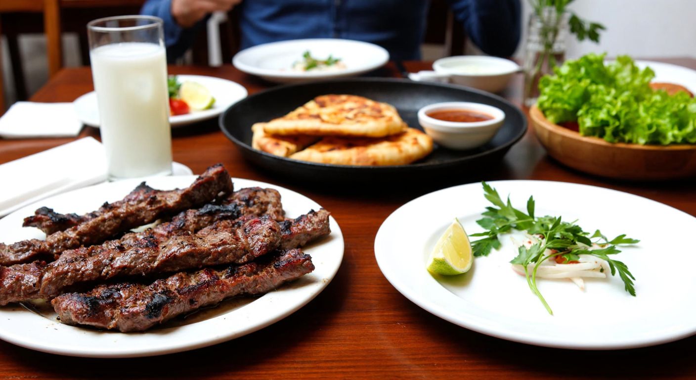 A cozy Turkish meyhane with a wooden table set with a plate of sizzling grilled meat, a glass of milky-white rakı, and fresh herbs, evoking warmth and conviviality.