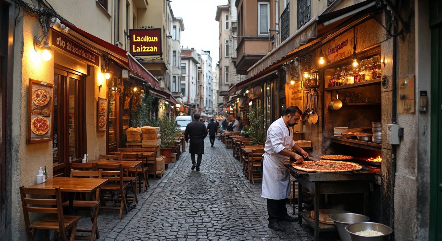 A bustling Istanbul street scene with two small, warmly lit lahmacun restaurants—one nestled in Beyoğlu’s narrow cobblestone alley with wooden tables outside, and another in Güngören’s lively neighborhood, where a mustachioed chef in a white apron slides a freshly baked lahmacun from a stone oven.