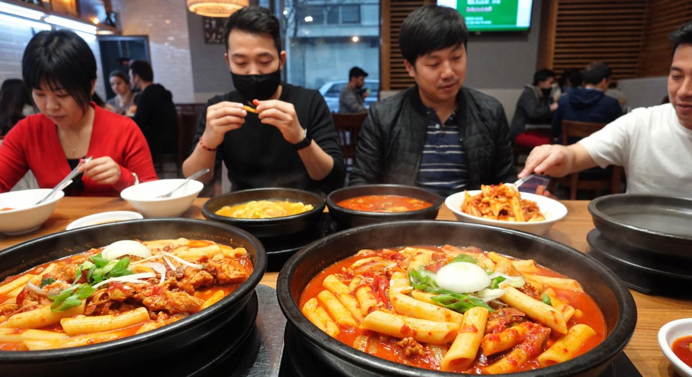 A bustling Korean restaurant in Istanbul with steaming plates of spicy Rabokki and chewy Ddeokbokki, surrounded by diners enjoying the vibrant flavors.