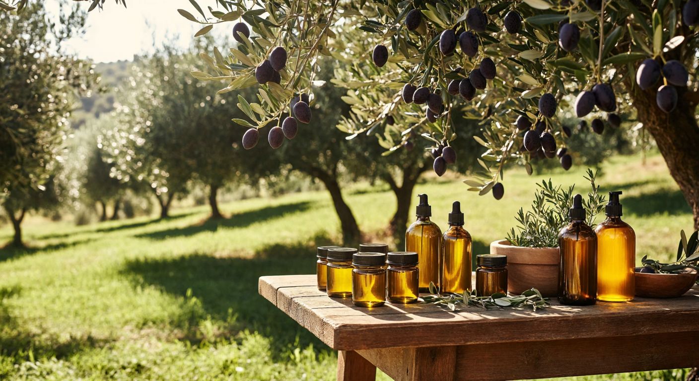 A sunlit olive grove in Turkey with ripe olives hanging from branches, next to a rustic wooden table displaying amber bottles of olive oil and jars of herbal skincare products.