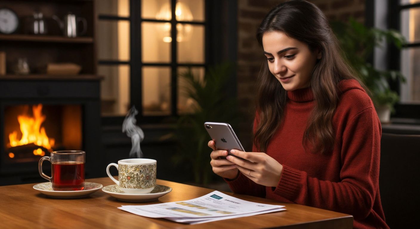 A Turkish woman in a cozy home setting holds a smartphone with a payment confirmation screen while a stack of utility bills and a steaming cup of çay sit on the wooden table beside her.