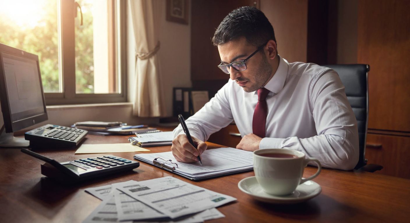 A Turkish accountant in a well-lit office, wearing glasses and a focused expression, writes calculations on a notepad next to a steaming cup of çay, with a calculator and receipts scattered on the wooden desk.