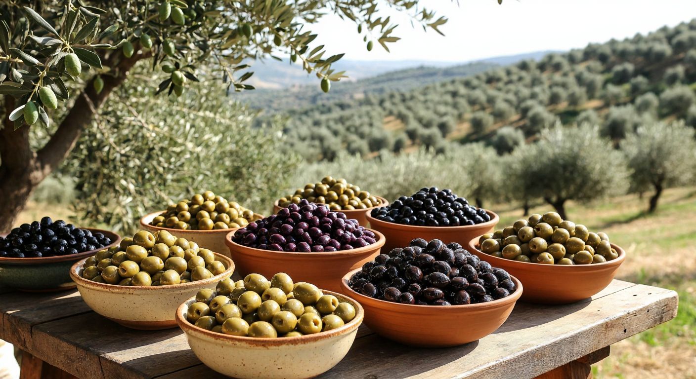 A rustic wooden table in a sunlit Turkish village, laden with glistening green and black olives in ceramic bowls, surrounded by olive branches and a backdrop of rolling olive groves.