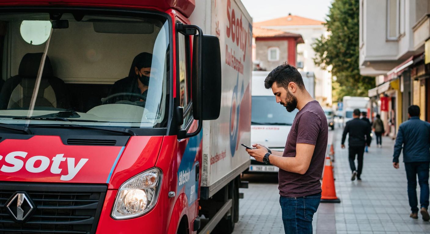 A person in Turkey, wearing casual clothing, intently studies a smartphone screen while standing near a Scotty-branded delivery truck parked on a bustling street.