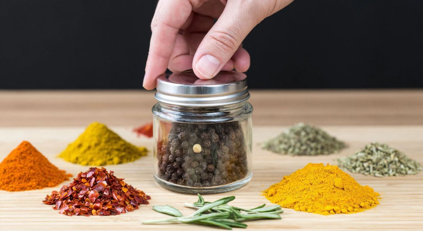 A hand tightly sealing a glass spice jar with a metal lid, surrounded by colorful spices like red pepper flakes, golden turmeric, and green dried herbs on a wooden kitchen counter in Turkey.