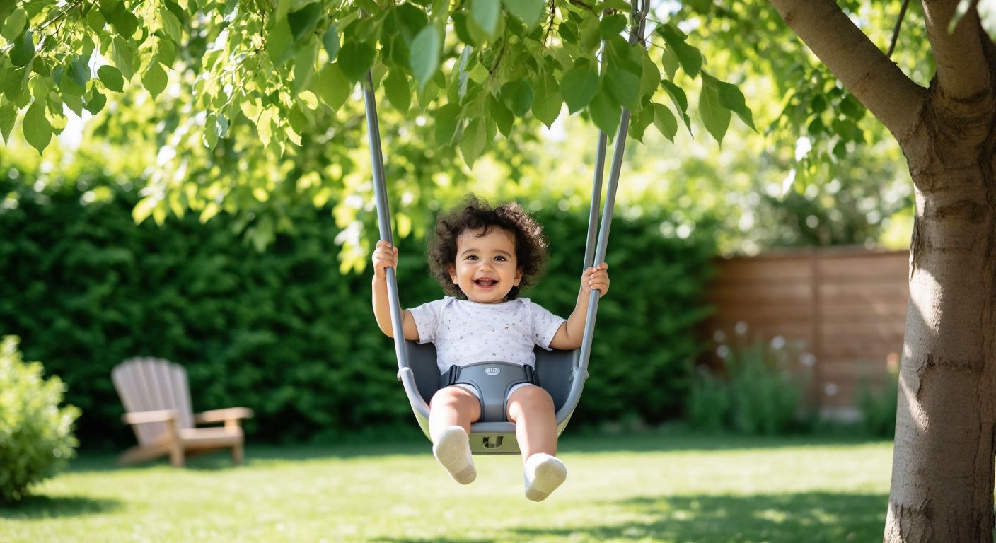 A cheerful toddler with dark curly hair swings gently in a gray Holmen baby swing under the shade of a leafy tree in a sunny Turkish backyard.