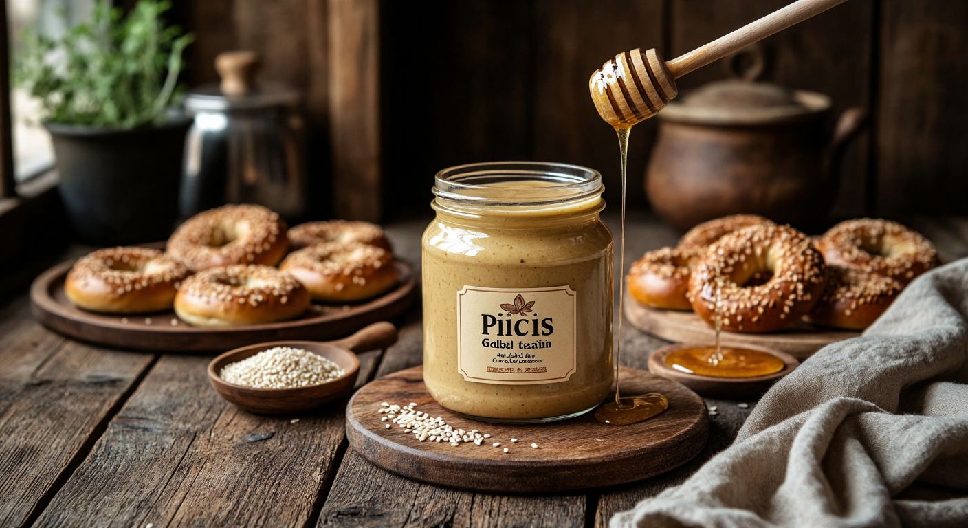 A rustic wooden table in a Turkish kitchen holds a jar of golden tahini with the Picus label, surrounded by fresh sesame seeds, a drizzle of honey, and warm simit bread.