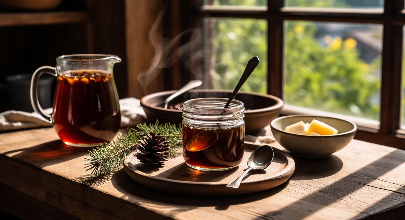 A rustic wooden table in a sunlit Turkish kitchen holds a small jar of dark pine molasses, a spoon dipped into it, with a bowl of yogurt and a steaming cup of herbal tea nearby, evoking warmth and natural nourishment.