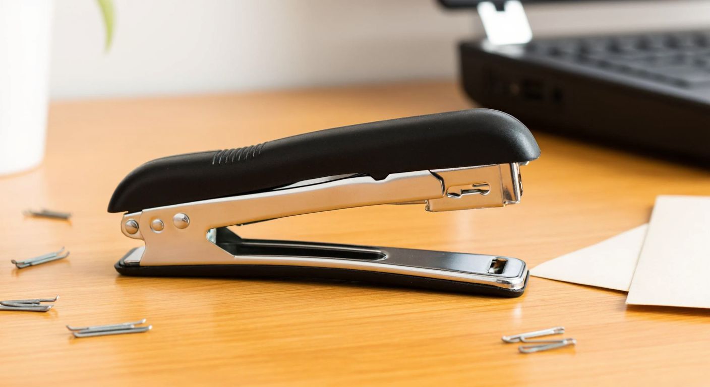 A close-up of a sturdy metal staple remover with a curved claw and ergonomic grip resting on a wooden desk, surrounded by scattered staples and a few loose papers.