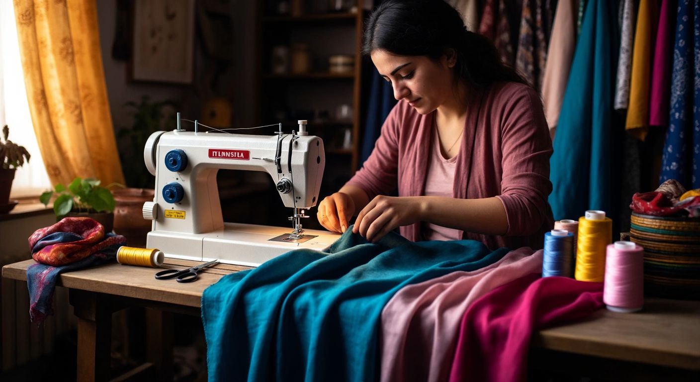 A Turkish woman in a cozy home setting carefully guides colorful fabric under the needle of a sewing machine, with scissors, measuring tape, and thread spools neatly arranged on a wooden table beside her.