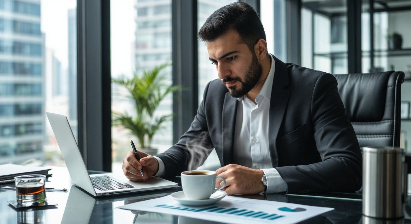 A focused Turkish investor in a modern office, analyzing financial charts on a sleek desk with a steaming cup of Turkish coffee, while a transparent flowchart of rollover steps floats beside them.