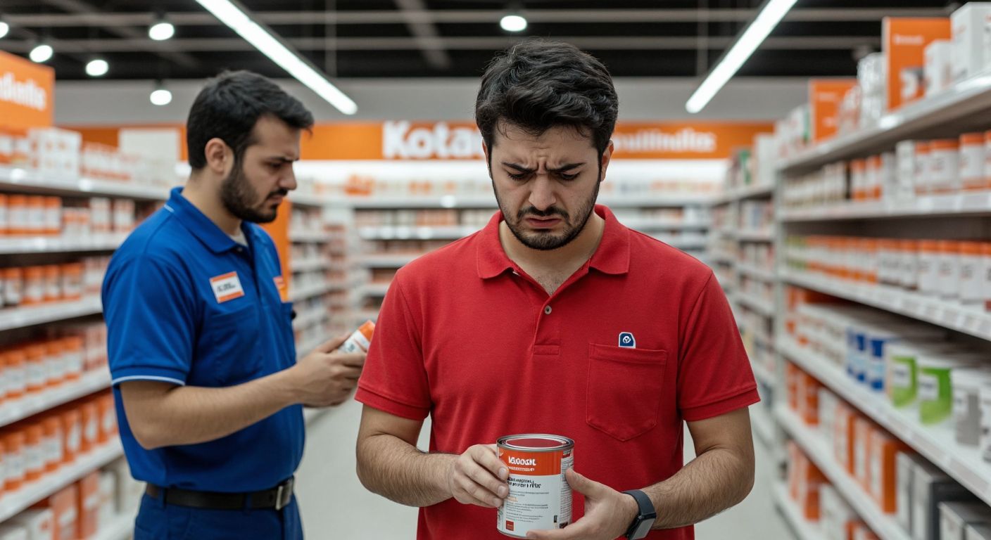 A frustrated customer in a Koçtaş store holding a can of paint, looking disappointed while a store employee in a blue uniform shakes their head politely.  

(Note: The description avoids text, symbols, and technology while capturing the essence of the interaction—denial of a paint return—within a Turkish retail context.)