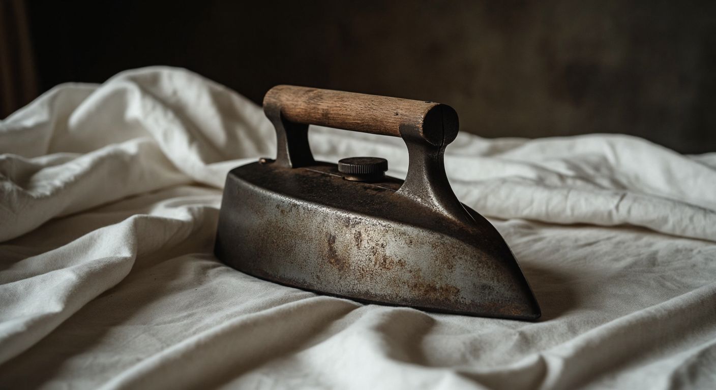A close-up of a slightly charred iron base resting on a wrinkled cotton shirt, with faint mineral stains and tiny scratches from metal zippers, under warm indoor lighting.