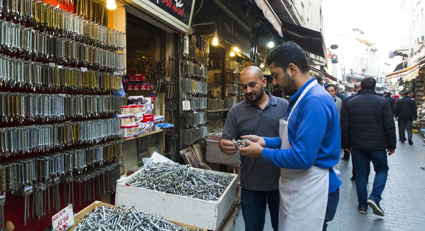 A bustling narrow street in Eminönü, Istanbul, with a small hardware shop displaying rows of shiny screws and bolts, while a shopkeeper in a casual apron helps a customer holding a handful of metal fasteners.