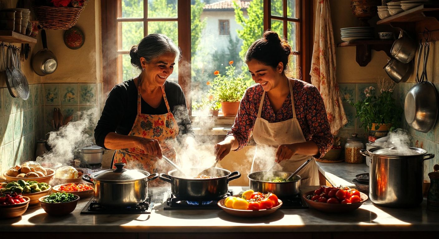 A warm Turkish kitchen with a smiling older woman and a younger woman cooking together, surrounded by colorful ingredients and steaming pots, as sunlight streams through the window.