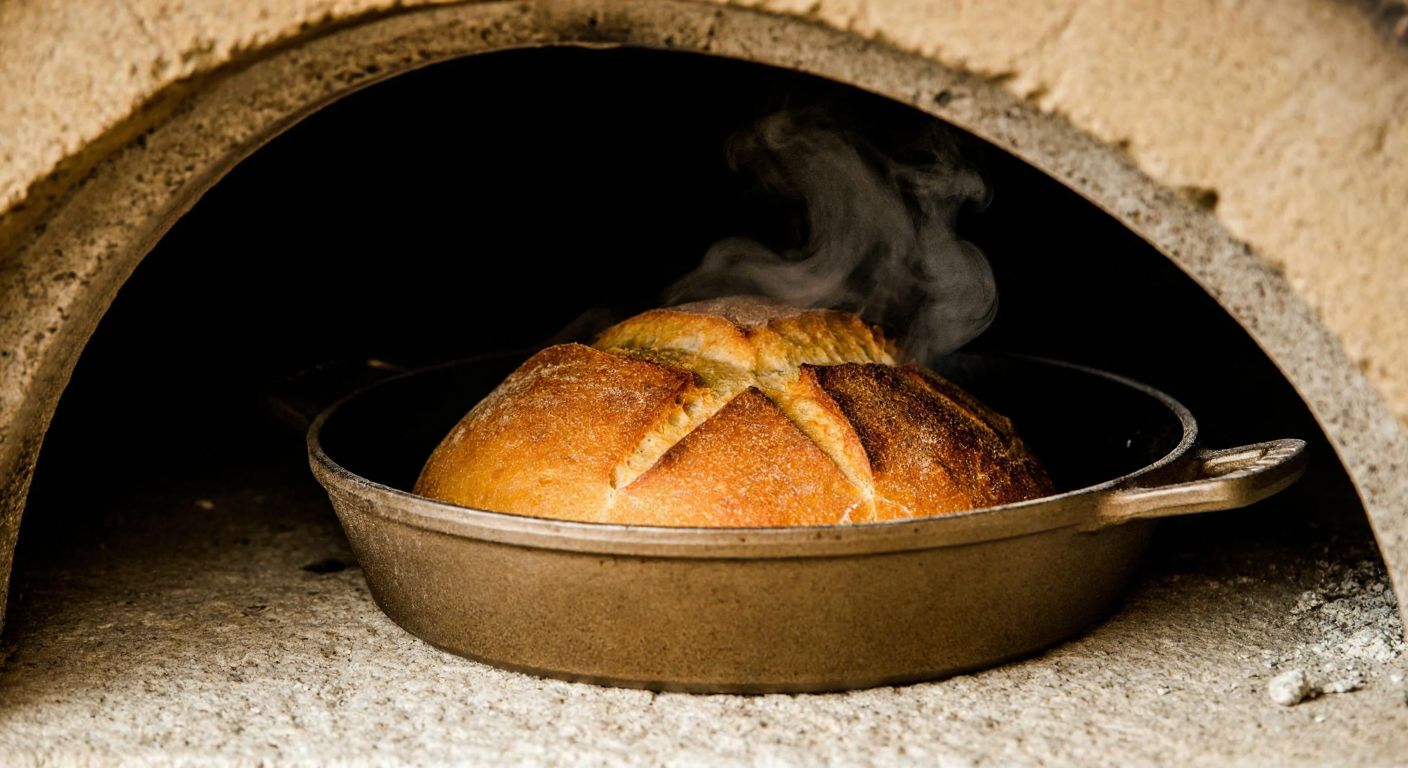 A rustic cast-iron bread pan sits inside a warm stone oven, with golden-brown bread rising inside it, its crust crisp and steam gently escaping from the soft interior.