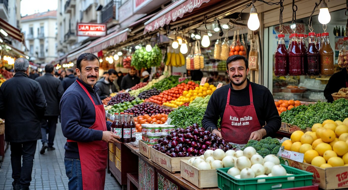 A bustling Turkish marketplace with colorful stalls displaying fresh produce, bottles of traditional drinks like şalgam and ayran, and vendors in aprons serving customers with warm smiles.