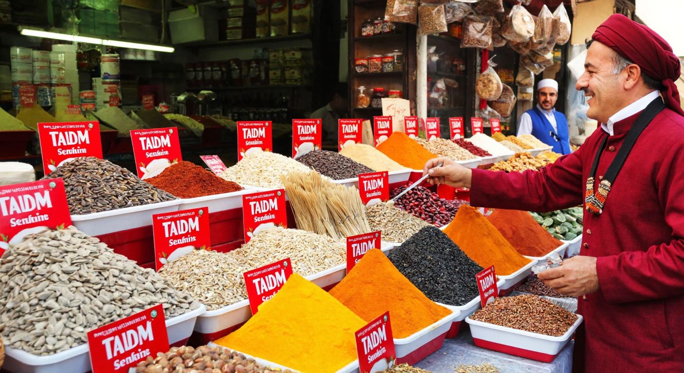 A vibrant Turkish marketplace stall overflowing with Tadım-branded sunflower seed packets, surrounded by colorful spices and nuts, with a smiling vendor in traditional attire offering a sample to a curious customer.