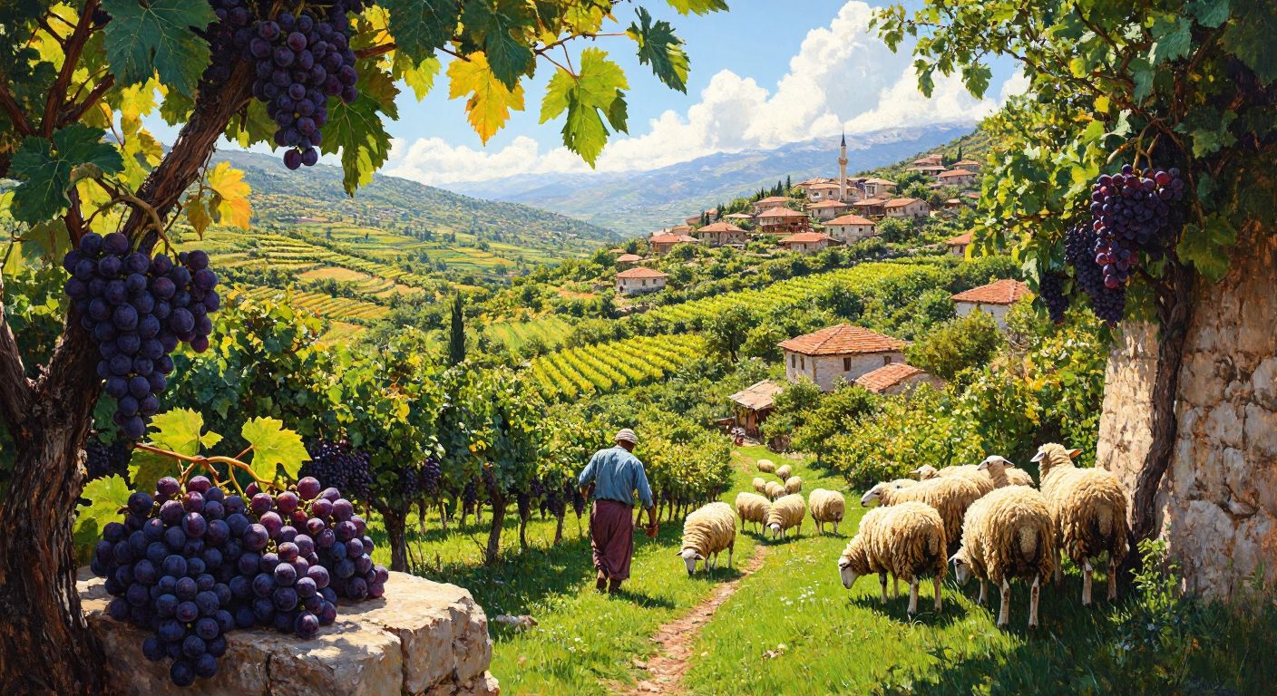 A sunlit Turkish village with farmers harvesting ripe figs and grapes in lush orchards, while sheep graze peacefully in nearby green pastures.