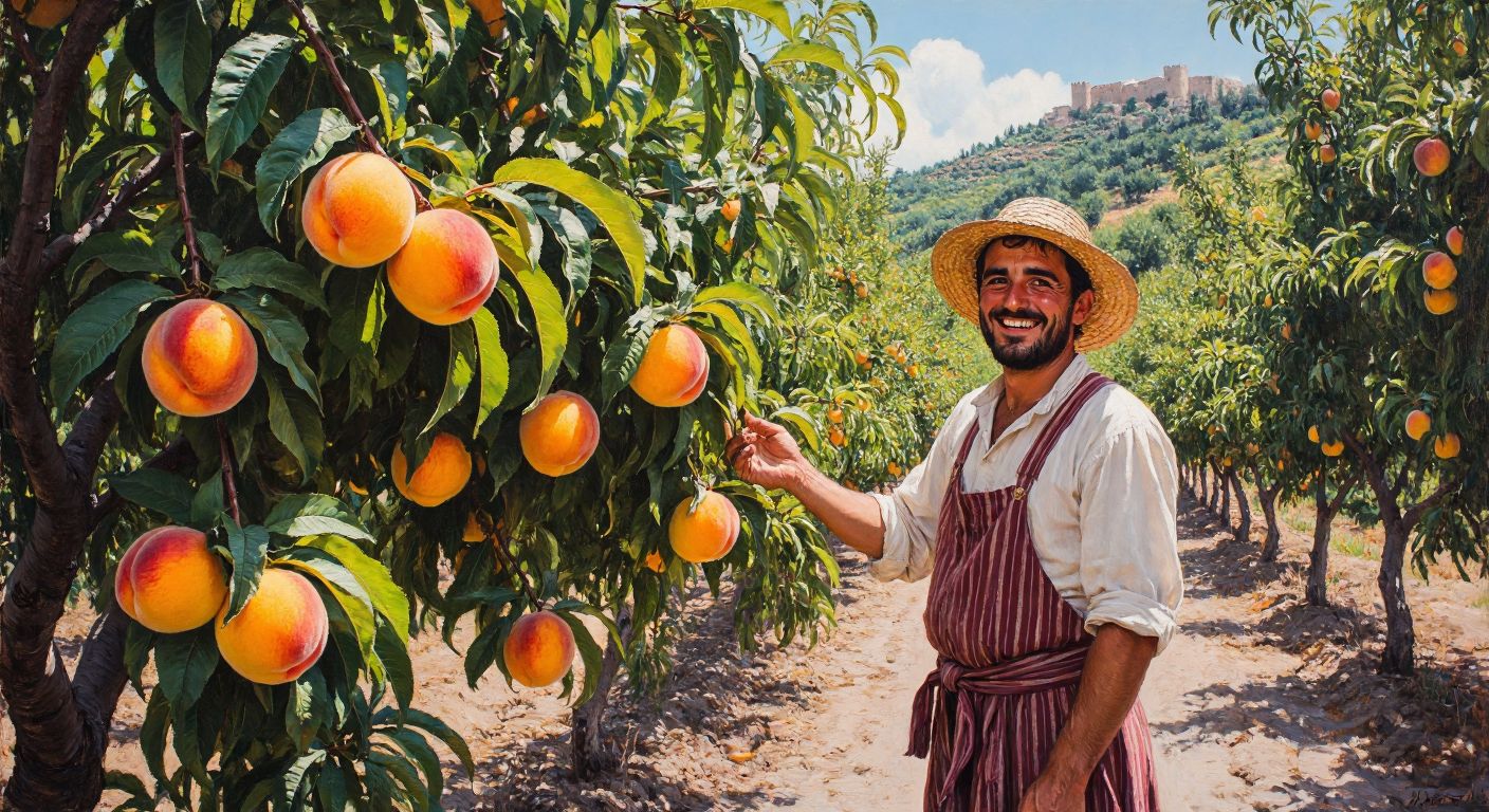 A sunlit Turkish orchard with ripe, golden peaches hanging from leafy branches, ready to be picked by a smiling farmer in traditional attire during the warm summer months.