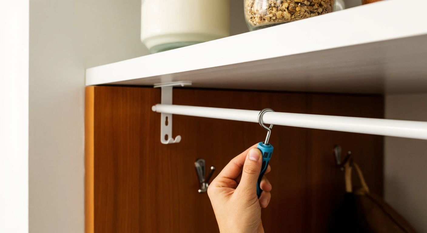 A sturdy white metal hanging rail mounted on a wooden cabinet in a Turkish home, with a hand tightening a screwdriver to secure it in place.