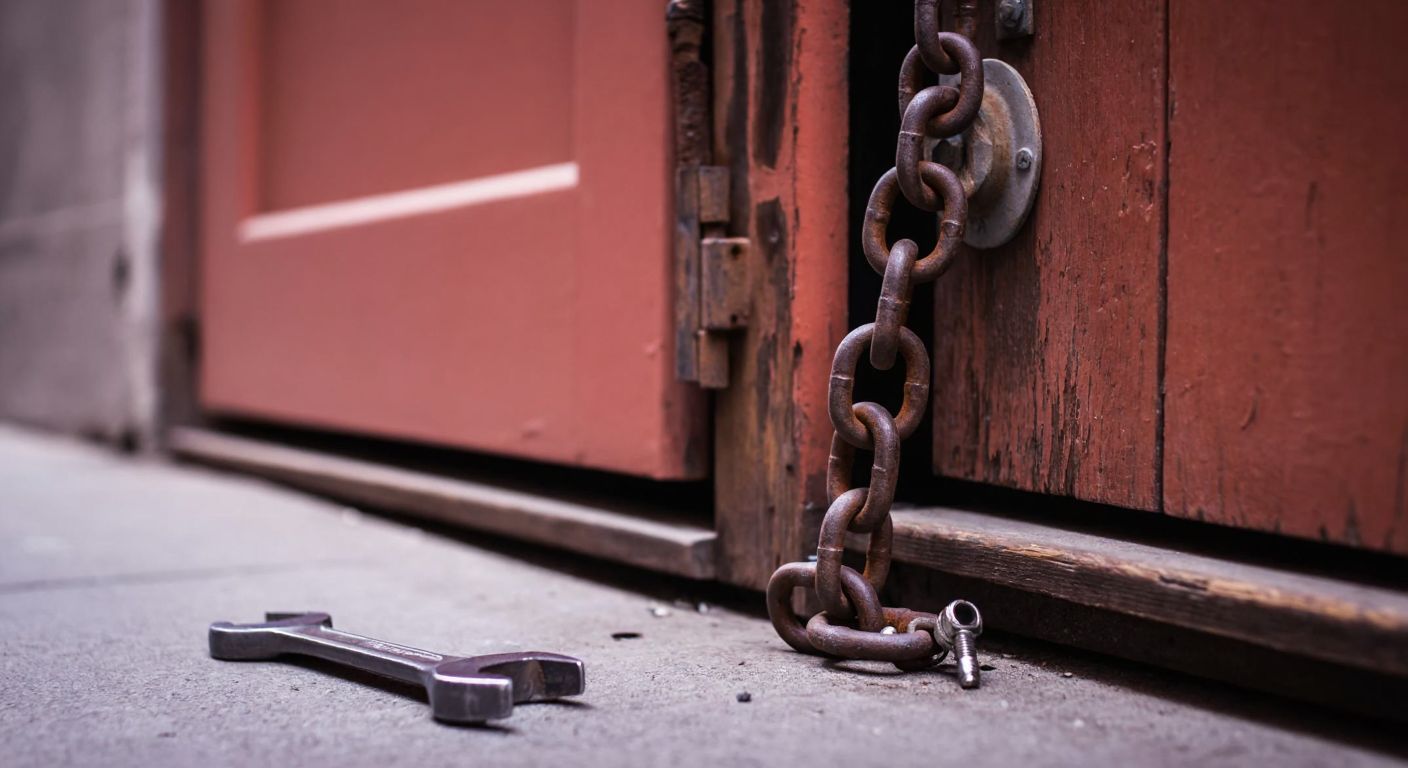 A close-up of a rusted, broken metal chain hanging from a weathered wooden door in a narrow Istanbul alley, with a worn-out wrench and oil can lying nearby.