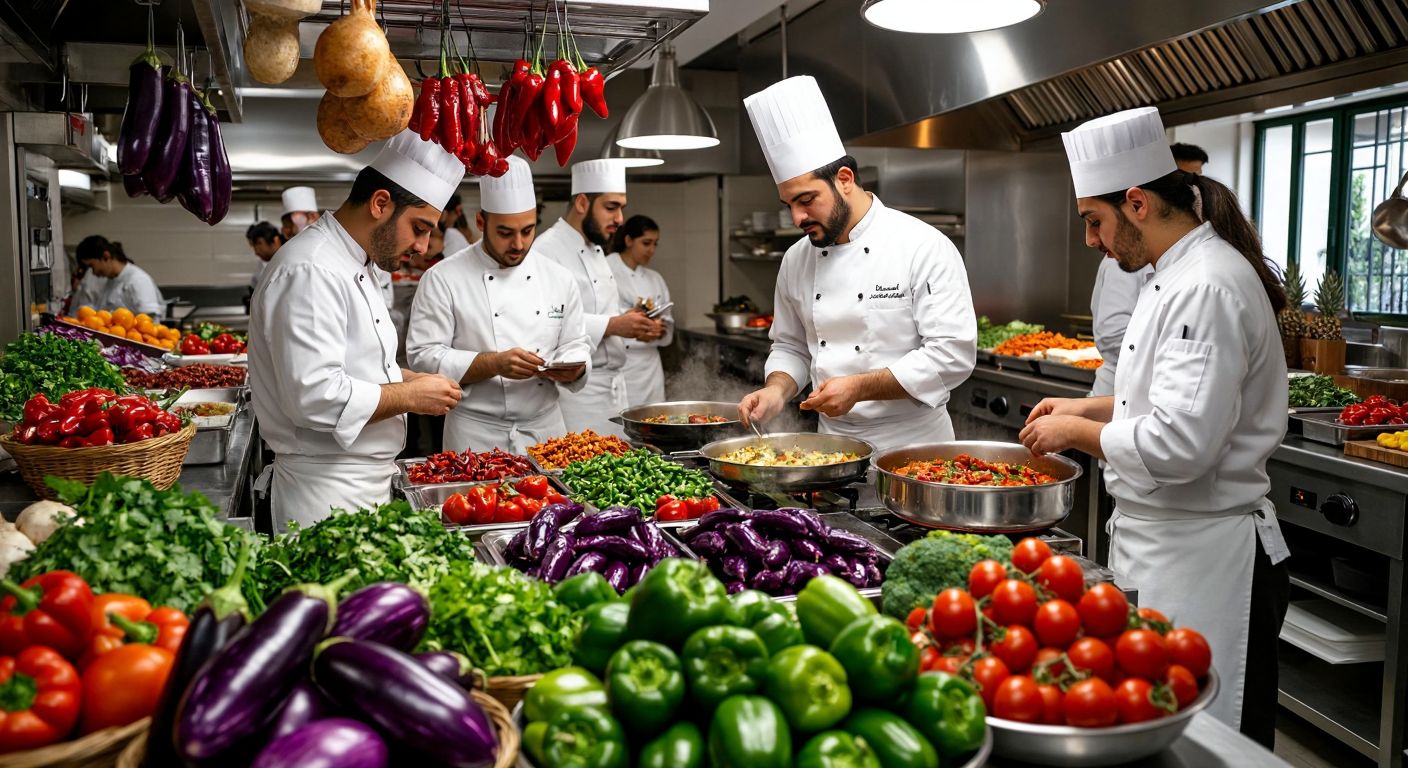A bustling Turkish culinary training center with chefs in white uniforms, suppliers arranging fresh produce, restaurant owners discussing over steaming dishes, young culinary students taking notes, and food writers observing, all surrounded by vibrant ingredients like eggplants, peppers, and spices.