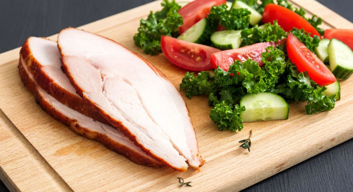 A slender slice of smoked turkey with olive oil and thyme rests on a wooden cutting board beside a vibrant salad of fresh tomatoes, cucumbers, and greens, evoking a balanced, healthy meal in a Turkish kitchen.