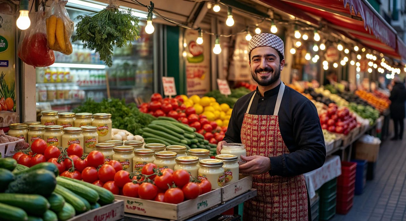A vibrant Turkish marketplace stall displaying jars of Calve mayonnaise alongside fresh vegetables, with a smiling vendor wearing a traditional apron under the warm glow of string lights.