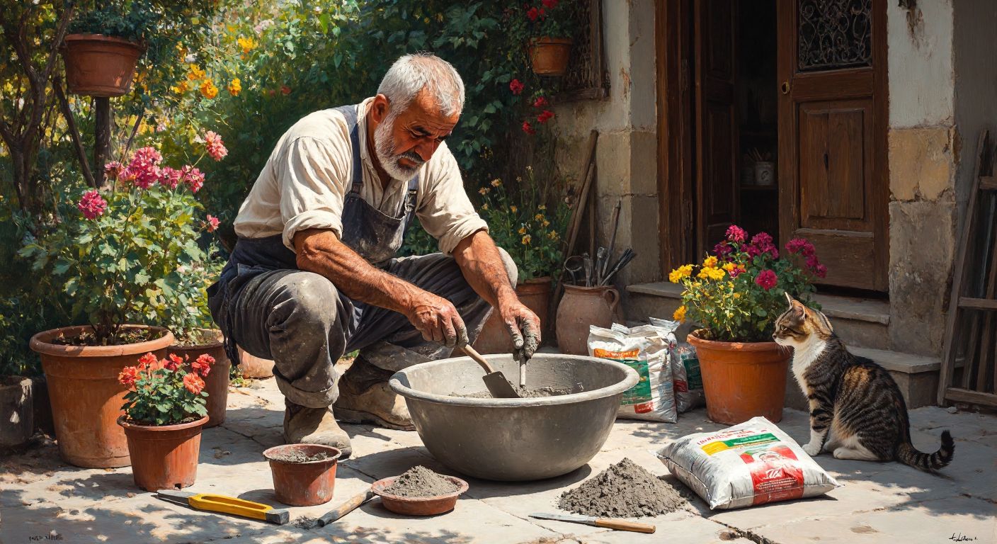 A weathered Turkish craftsman in a sunlit garden carefully mixes cement in a large metal bowl, surrounded by colorful flower pots, measuring tools, and bags of cement, with a curious cat watching nearby.