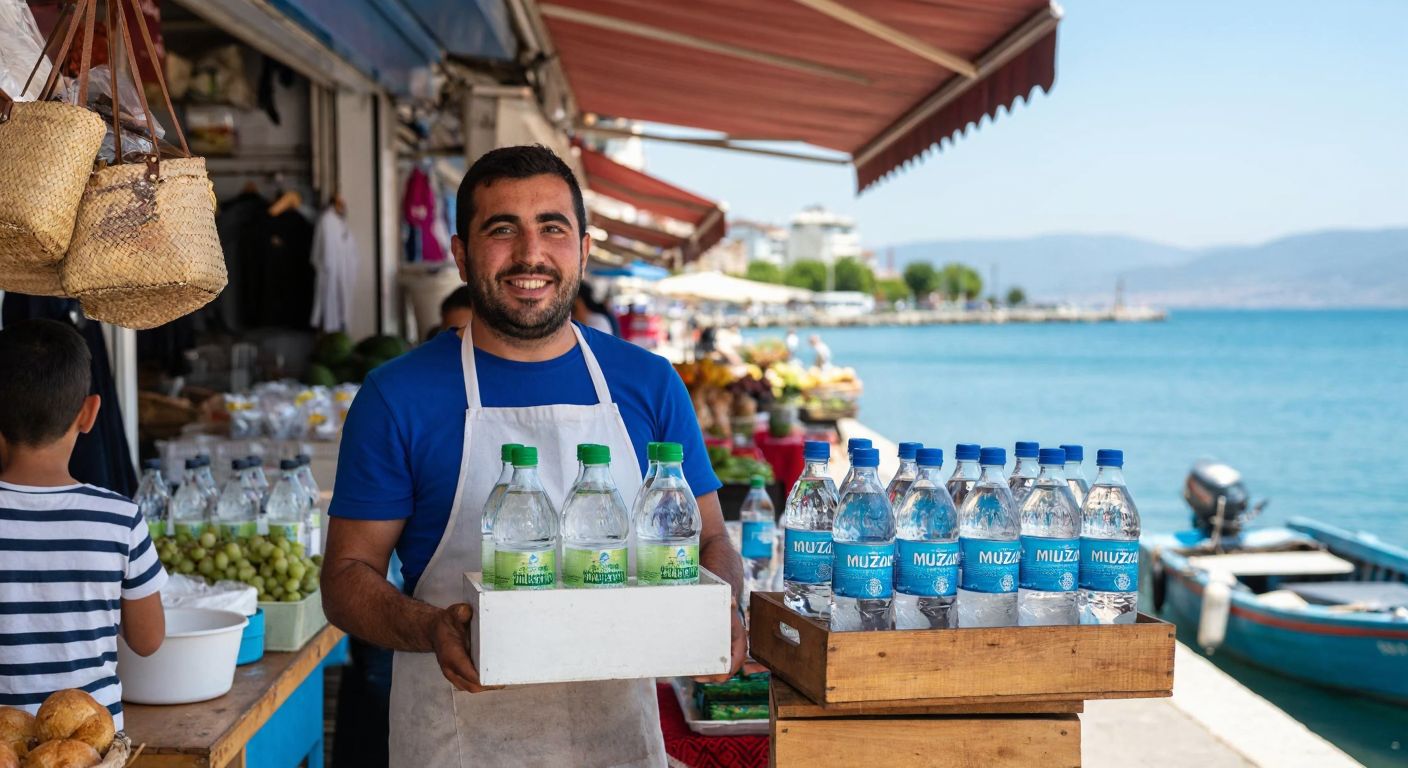 A cheerful vendor in a bustling İzmir market proudly displays bottles of Munzur Su on a wooden stand, with the vibrant blue Aegean Sea visible in the background.