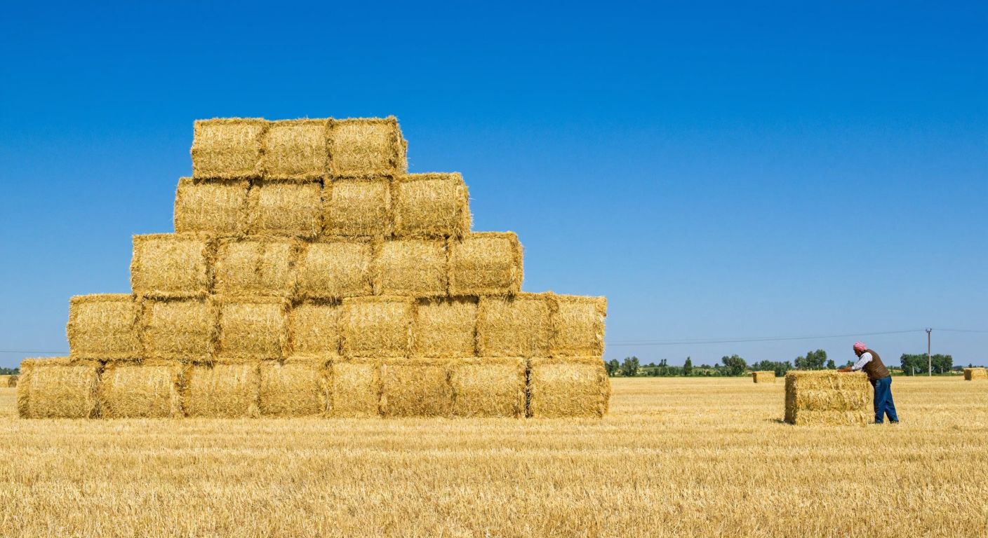A golden field under a bright blue sky with neatly stacked rectangular hay bales forming sturdy, towering rows, while a farmer in traditional Turkish clothing checks their stability.