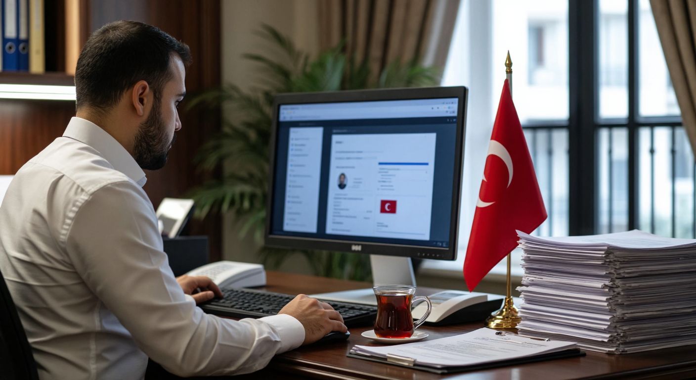 A Turkish government office worker in a formal shirt reviews an electronic invoice on a computer screen, with a small Turkish flag on the desk and a steaming cup of çay beside a stack of paperwork.