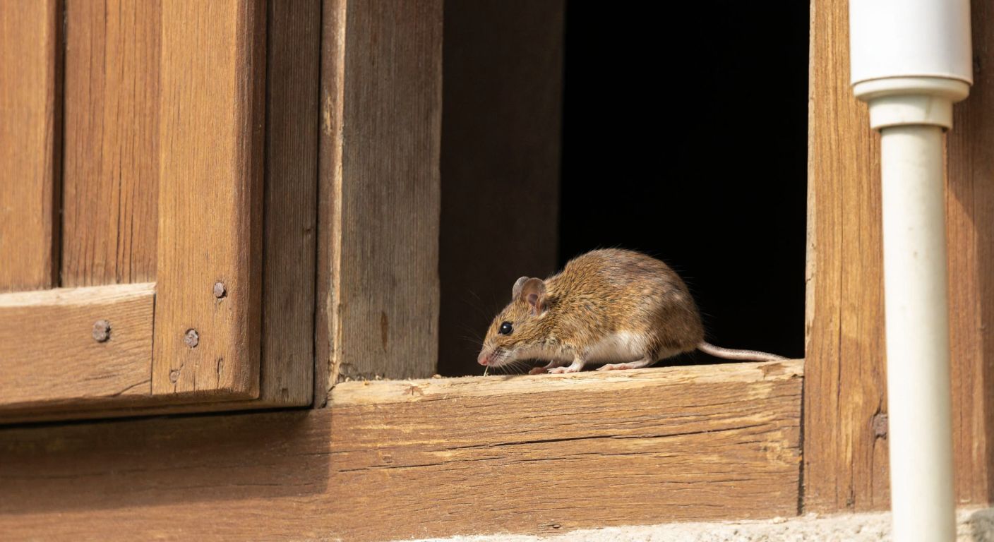A small brown mouse squeezing through a narrow crack in a weathered wooden doorframe of a traditional Turkish house, with a kitchen drainpipe and ventilation hole visible in the dimly lit background.