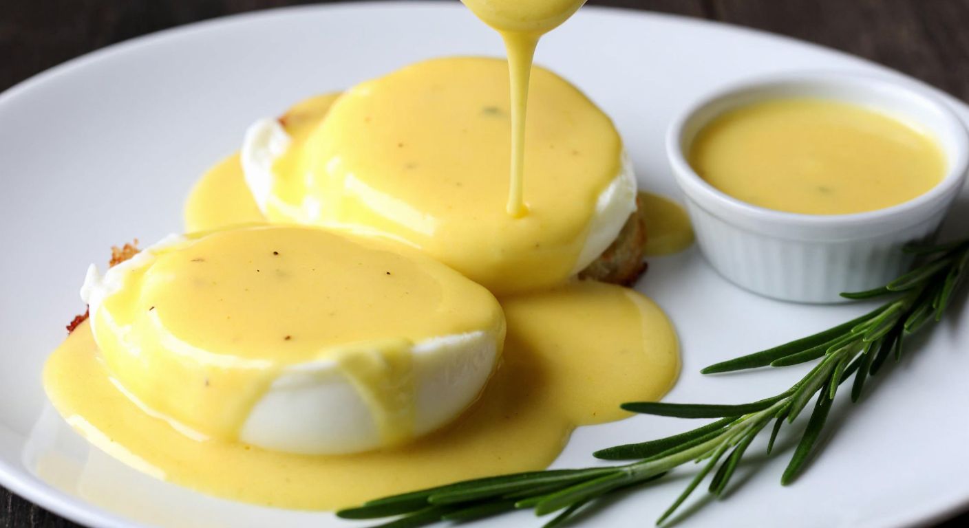 A golden, velvety hollandaise sauce drizzled over poached eggs on a white plate, with a sprig of fresh tarragon beside a small bowl of béarnaise sauce, evoking the rich contrast between the two French sauces.