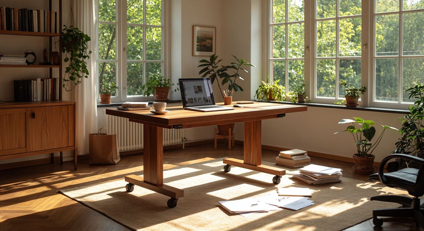 A sleek wooden desk with smooth-rolling wheels stands in a sunlit home office, surrounded by a laptop, scattered papers, and a steaming cup of Turkish tea, conveying mobility and practicality.