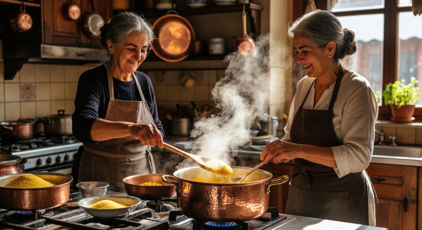 A warm Turkish kitchen with a copper pot on a stove, golden semolina being stirred with a wooden spoon, releasing a fragrant steam, and a smiling elderly woman in an apron carefully watching the process.