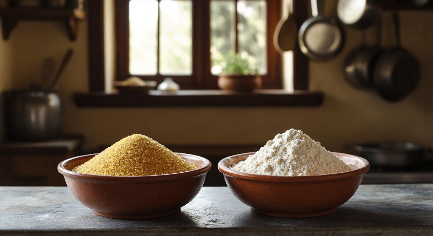 A rustic Turkish kitchen with two small bowls side by side—one filled with fine golden bulgur (düğürcük) and the other with tiny flour clumps (düğülcük) scattered like delicate crumbs.