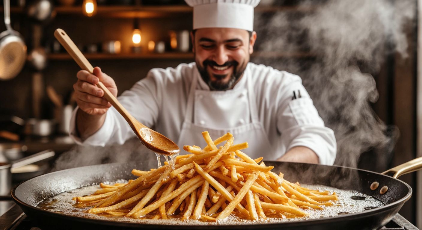 A golden pile of crispy matchstick fries sizzling in a deep pan of bubbling oil, with a Turkish chef in a white apron smiling as they carefully stir the fries with a wooden spoon.
