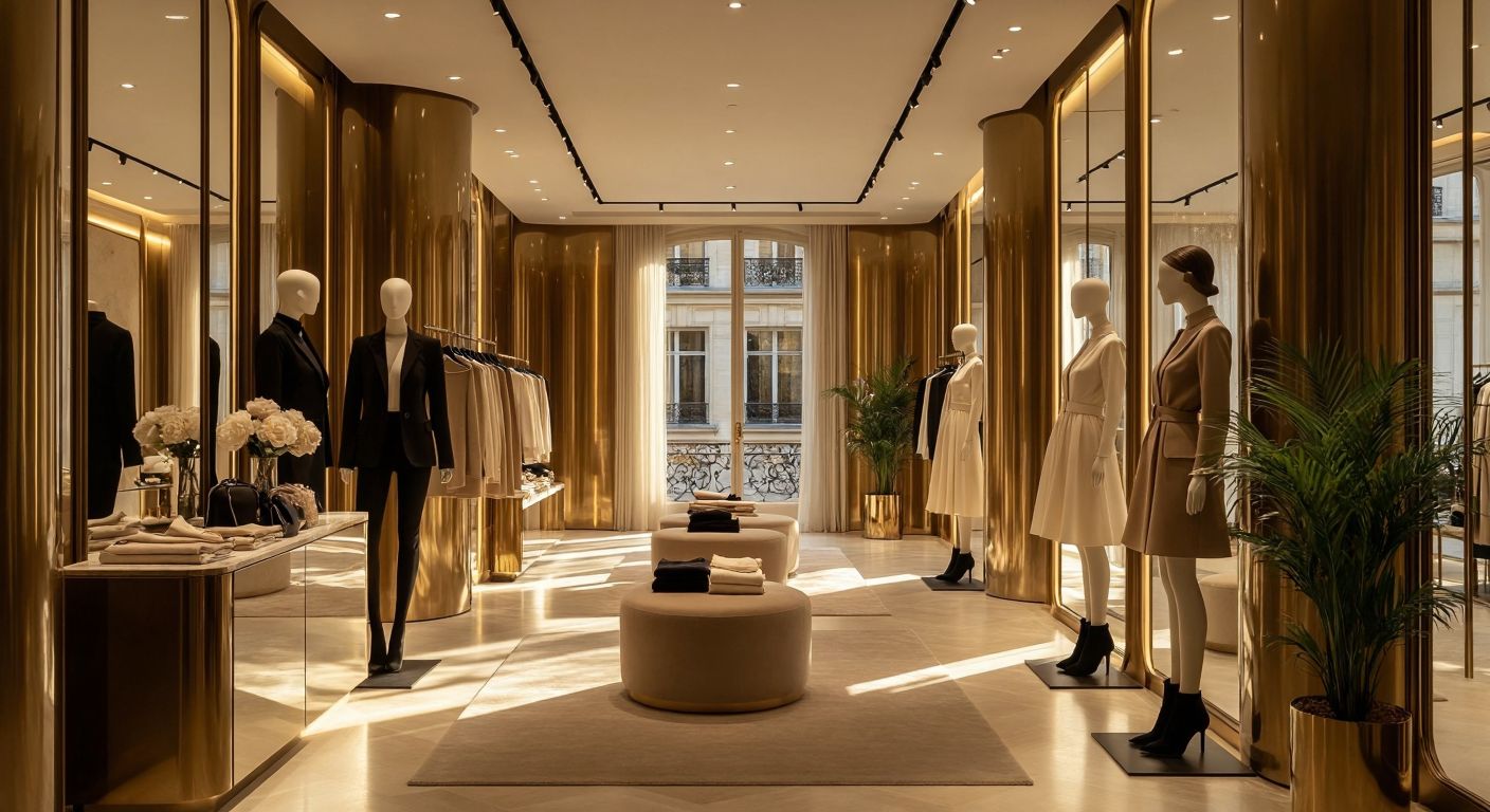 A sleek, modern boutique in Paris with elegant mannequins displaying chic women's clothing, bathed in soft golden light.