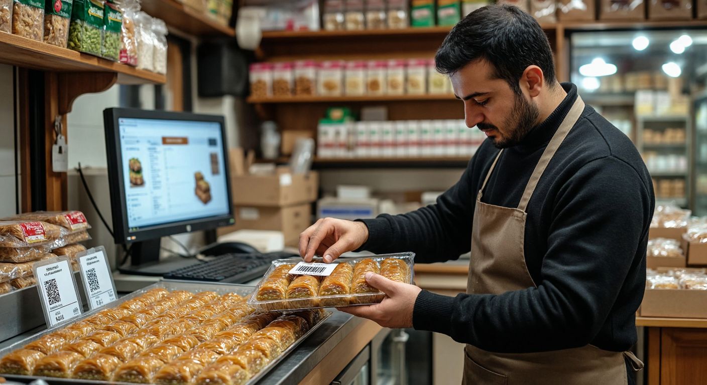 A Turkish business owner in a small shop carefully affixes a freshly printed barcode label onto a package of locally made baklava, with a computer displaying a barcode generation program in the background.