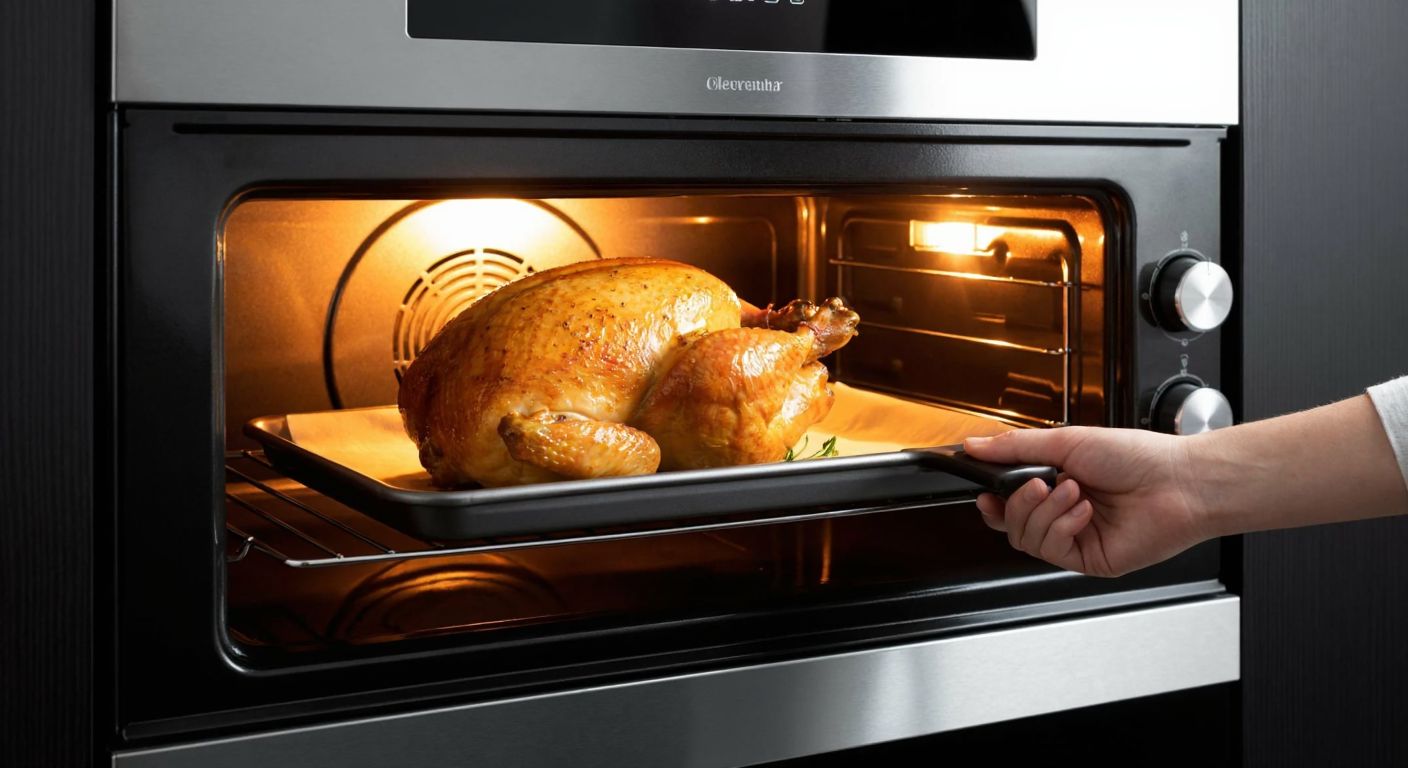 A sleek stainless steel oven with a glowing interior displays a golden-brown roast chicken on a tray, surrounded by steam and warm light, while a hand adjusts the oven's control knob.