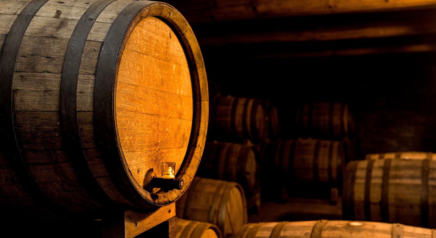 A rustic wooden barrel in a dimly lit cellar, with golden whiskey glowing inside, surrounded by the warm aroma of aged oak.