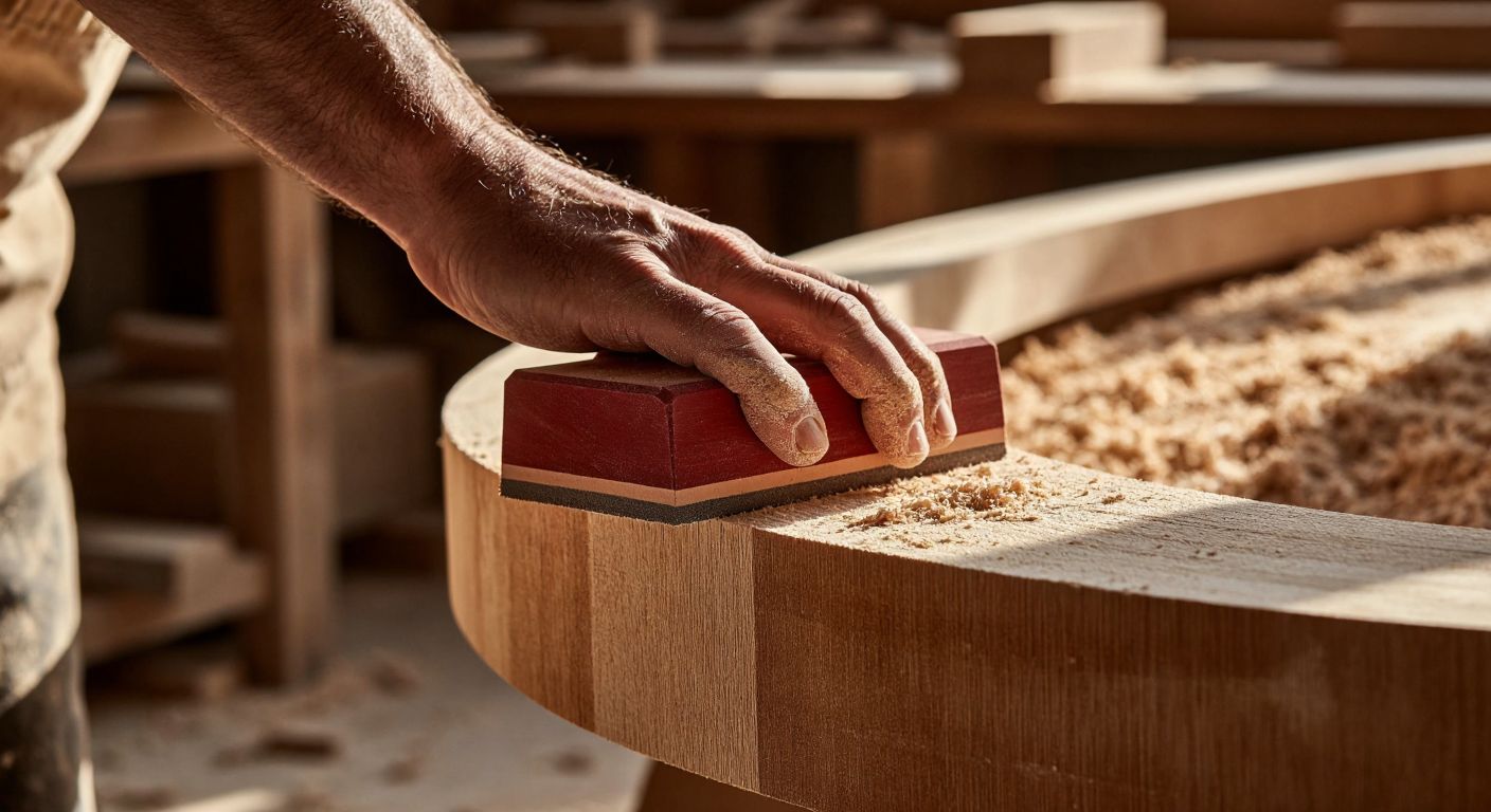 A craftsman’s rough hand grips a red wooden sanding block wrapped in sandpaper, pressing firmly against a curved wooden surface in a sunlit workshop filled with sawdust.
