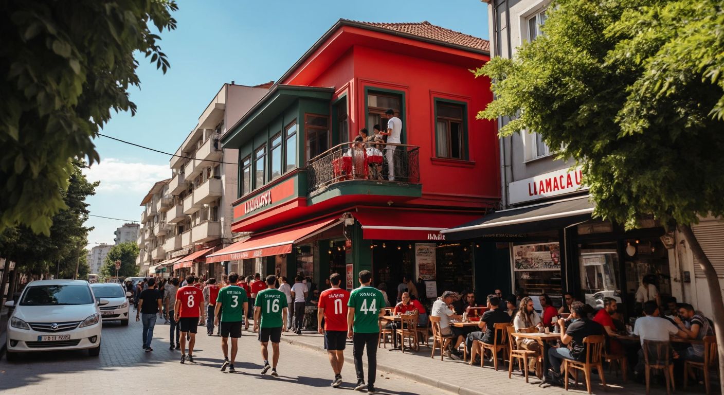 A bustling street in Karşıyaka with a vintage sports club building in the background, surrounded by locals in red-and-green jerseys celebrating, while a small, modern café (possibly Lamacucca) sits unnoticed nearby.