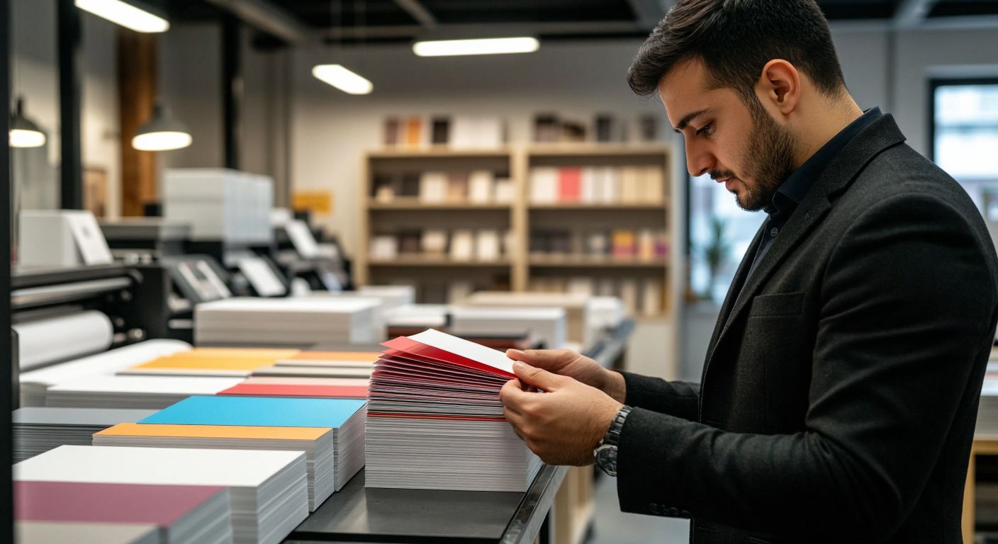A Turkish businessperson in a well-lit print shop carefully examines a stack of freshly printed business cards with various textures, colors, and finishes, while the printer hums in the background.
