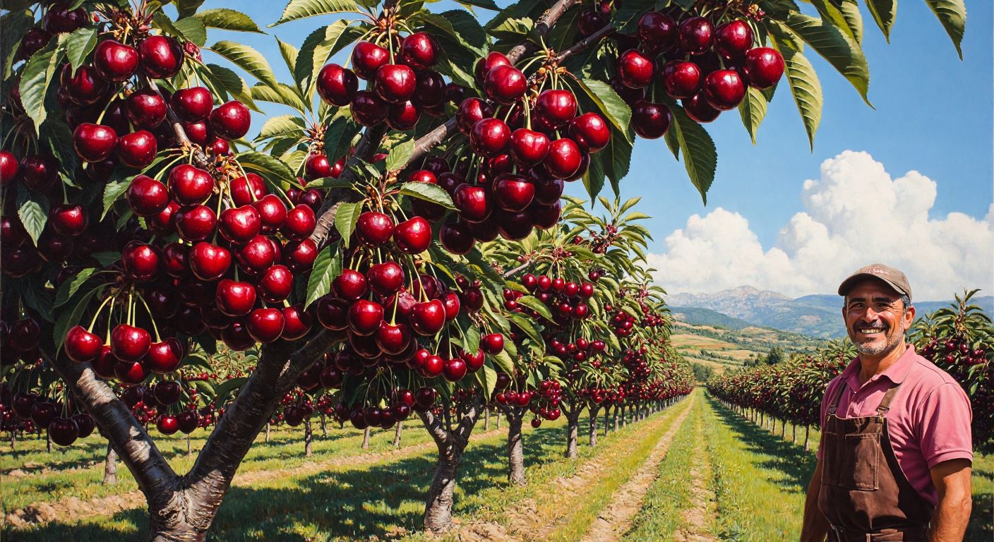 A lush cherry tree in a Turkish orchard, heavy with deep red Royal King cherries, their smooth skins unblemished by cracks, under a bright sun with a farmer smiling proudly nearby.