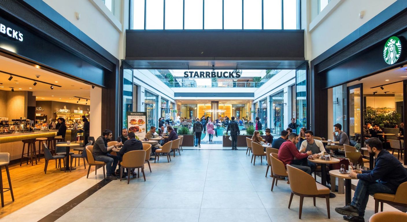 A bustling modern shopping mall in Istanbul with a warmly lit Starbucks café, where people in casual attire enjoy coffee amidst sleek furniture and large glass windows overlooking a vibrant urban courtyard.