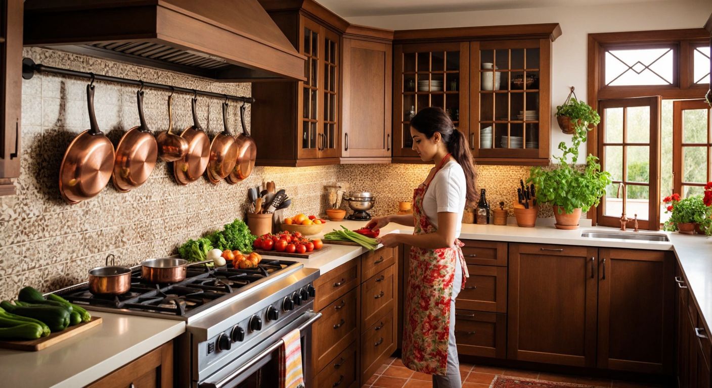 A spacious Turkish kitchen with an L-shaped countertop, neatly arranged copper pots hanging on the wall, a woman in a floral apron chopping fresh vegetables, and warm lighting highlighting the functional triangle between the stove, sink, and refrigerator.