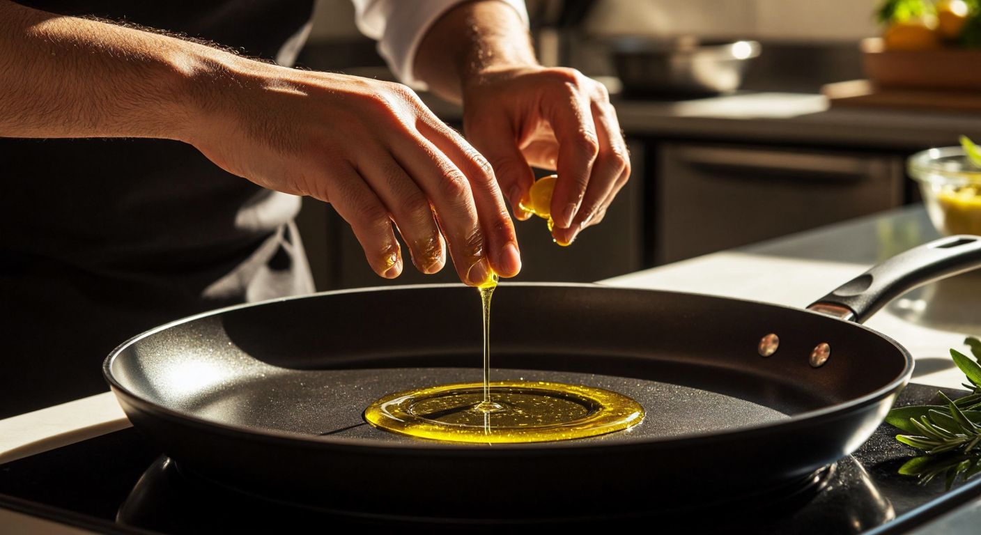 A Turkish chef in a sunlit kitchen carefully runs their fingers over the smooth, glossy surface of a black non-stick frying pan, while a golden drizzle of olive oil pools in the center.
